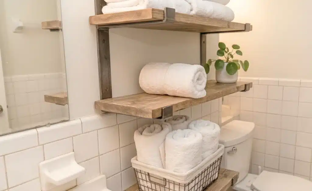 Toallas blancas de algodón organizadas en repisa flotante para remodelación de baño estilo hotel