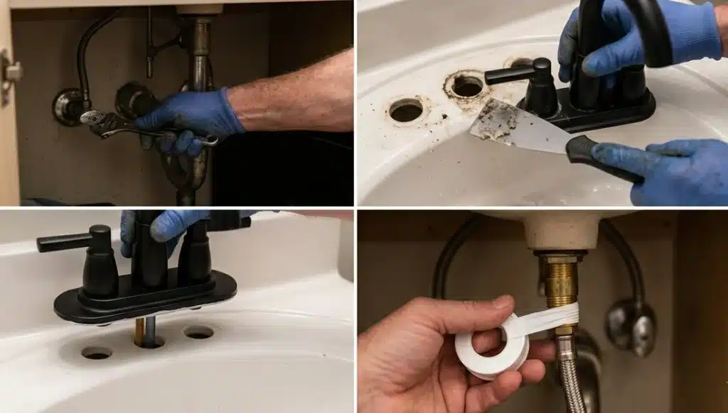 Grifería negra mate instalada en lavabo para remodelación de baño estilo moderno
