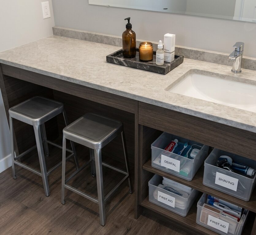 Organización de lavabo sin desorden visual para un baño estilo hotel de lujo