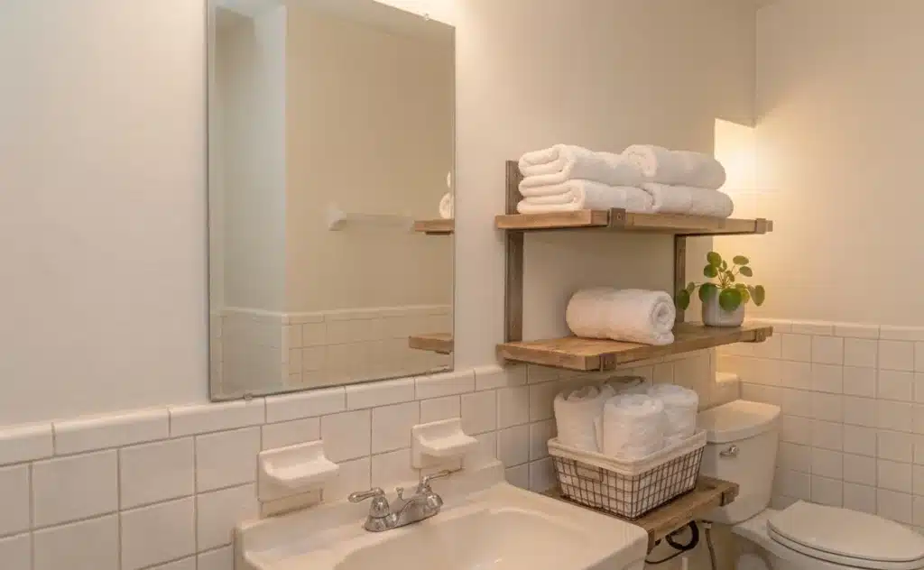 Luminarias de pared con focos LED de luz cálida junto al espejo de baño