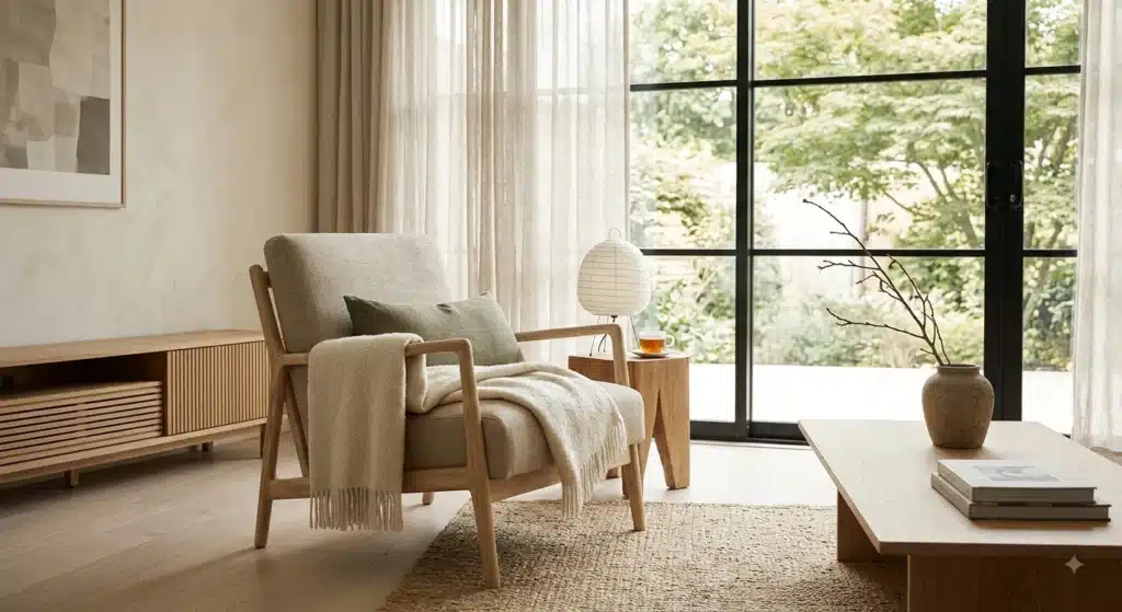 Linen upholstered lounge chair and wooden sideboard in a Japandi living room