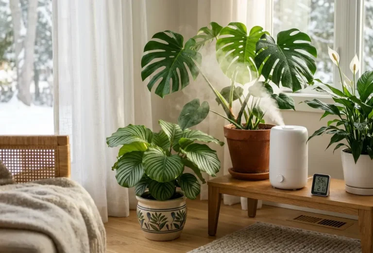 Indoor houseplants clustered near a sleek cool-mist humidifier and digital hygrometer to counteract dry HVAC furnace air