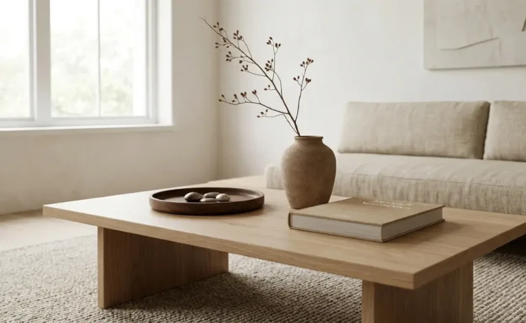 Minimalist Japandi wooden coffee table styled with a ceramic vase, a decorative tray, and an art book arranged asymmetrically.