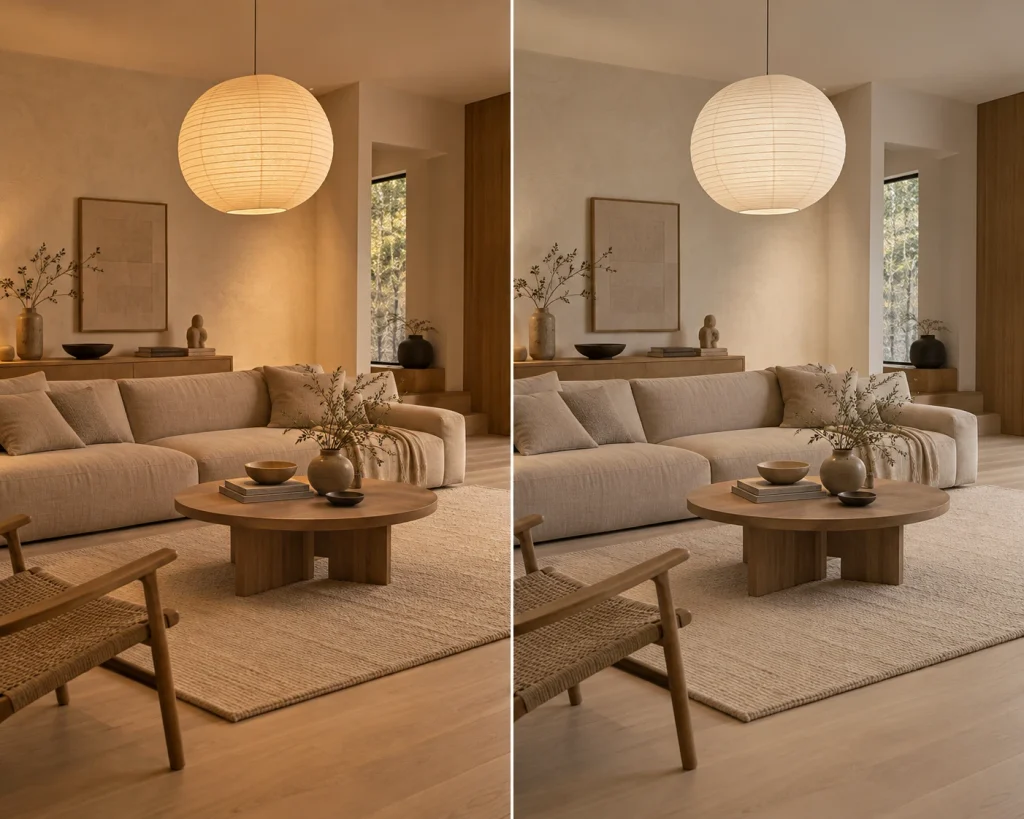 Side-by-side illustration of Japandi lighting at 2700K and 3000K in the same living room with oak and linen furniture