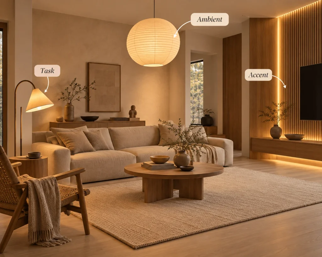 Japandi living room showing three lighting layers: ambient paper pendant, task floor lamp, and concealed LED accent lighting