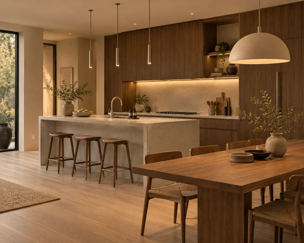 Japandi kitchen lighting with warm pendant lights, dark walnut cabinets, and a microcement island