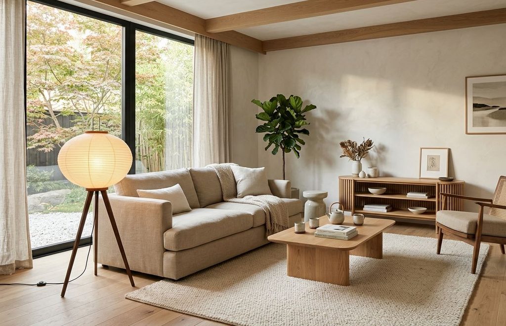Minimalist Japandi living room with a low wood coffee table, 
linen sofa, woven accent chair, slatted media console, and paper 
lantern floor lamp