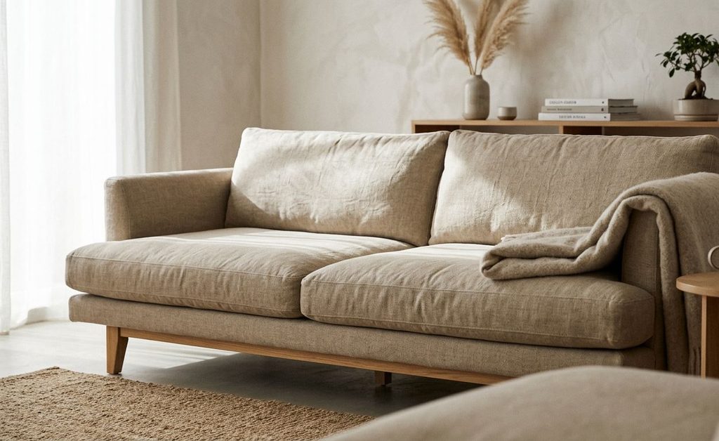 Deep, low-slung sofa upholstered in oat-colored textured linen in 
a minimalist Japandi living room