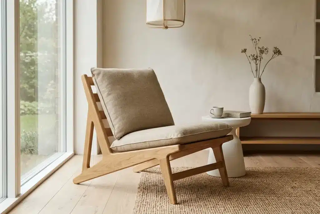 Minimalist Japandi low-profile wooden lounge chair with light fabric cushions