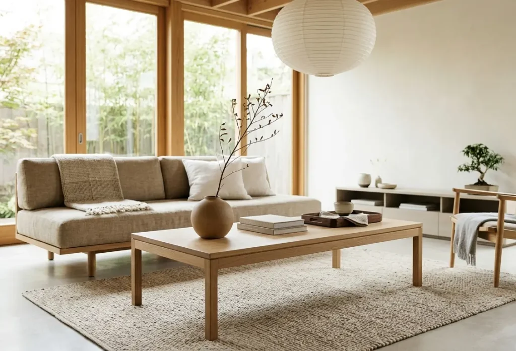 A low, minimalist coffee table made of natural light oak wood with clean straight lines, situated in a sunlit Japandi living room