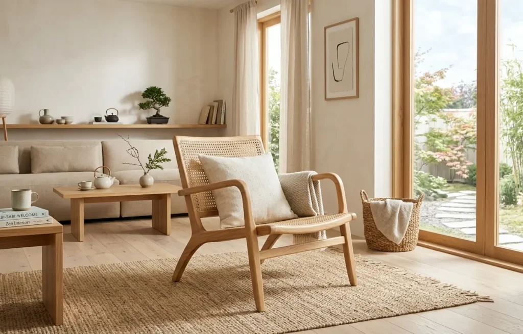 Solid wood and cane rattan lounge chair in a Japandi living room