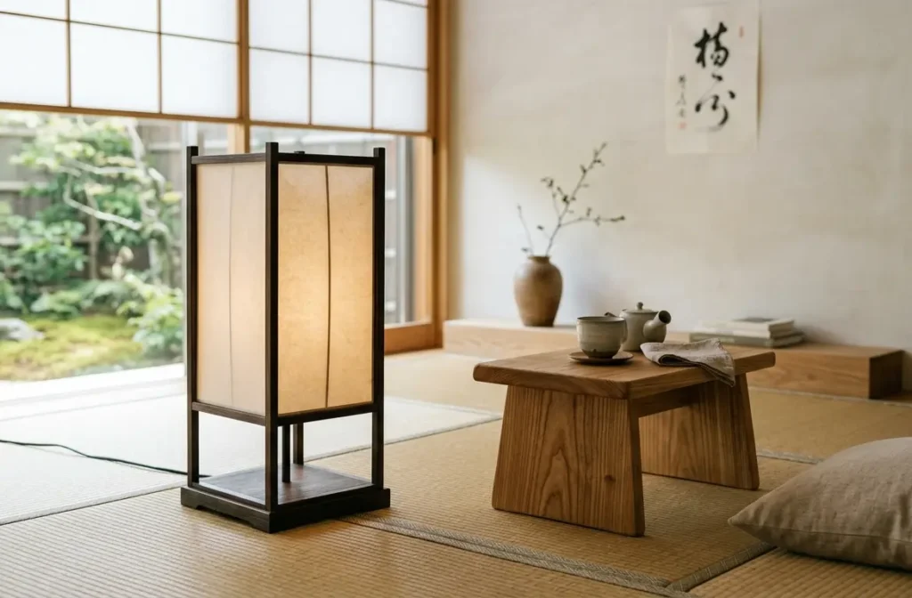 Paper lantern floor lamp and low wooden stool on tatami flooring in a Japandi room
