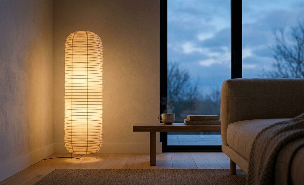 Rice paper lantern floor lamp glowing warmly in a dim, minimalist 
Japandi living room at dusk