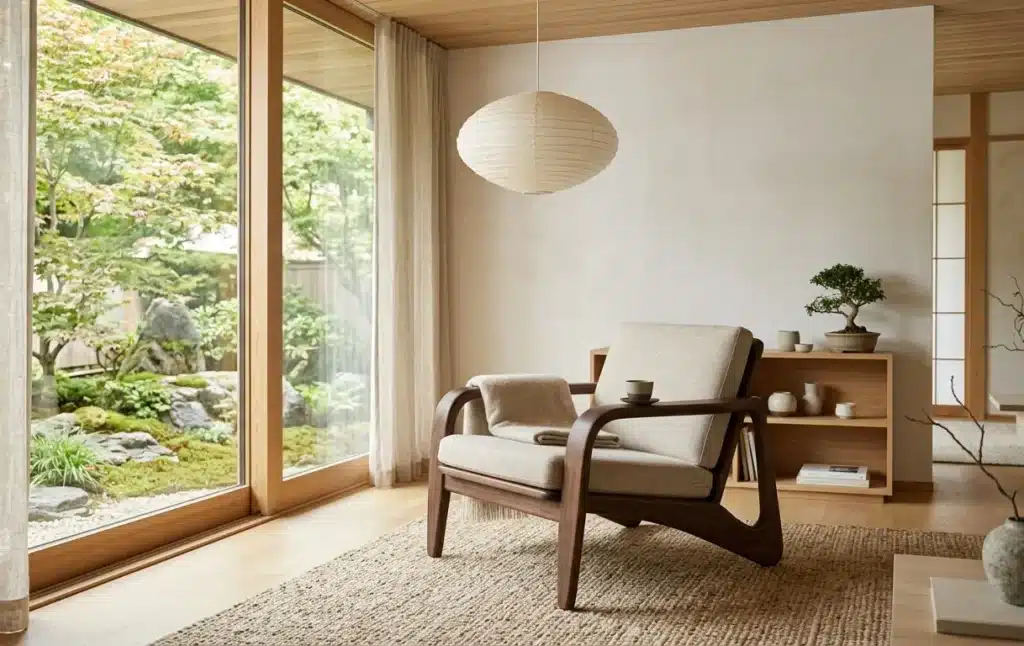 A sleek Japandi lounge chair crafted from dark walnut wood with fluid, curved architectural lines set in a peaceful minimalist living room