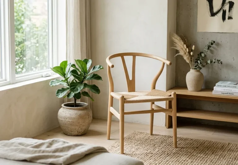 japandi wishbone chair with a natural wooden frame and woven paper cord seating