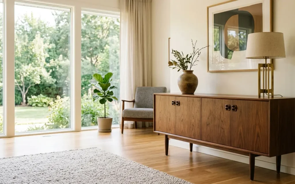 Mid-Century Modern walnut credenza with a vintage ceramic vase and brass lamp in a sunlit living room.