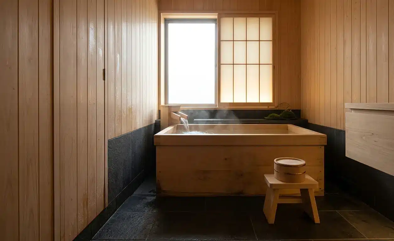 A modern Japanese home sanctuary bathroom featuring dark charcoal basalt stone floors, warm hinoki cypress wood paneling, a steaming wooden soaking ofuro tub, and soft backlighted shoji screens