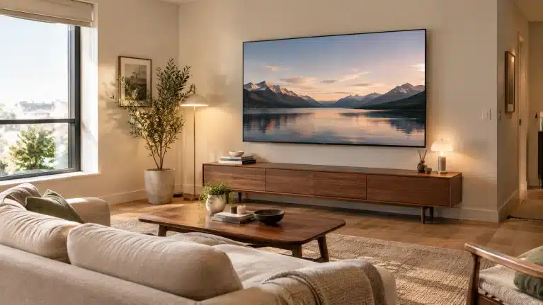 A 75-inch 4K TV cleanly wall-mounted above a wide wooden console in a compact living room with concealed wiring.