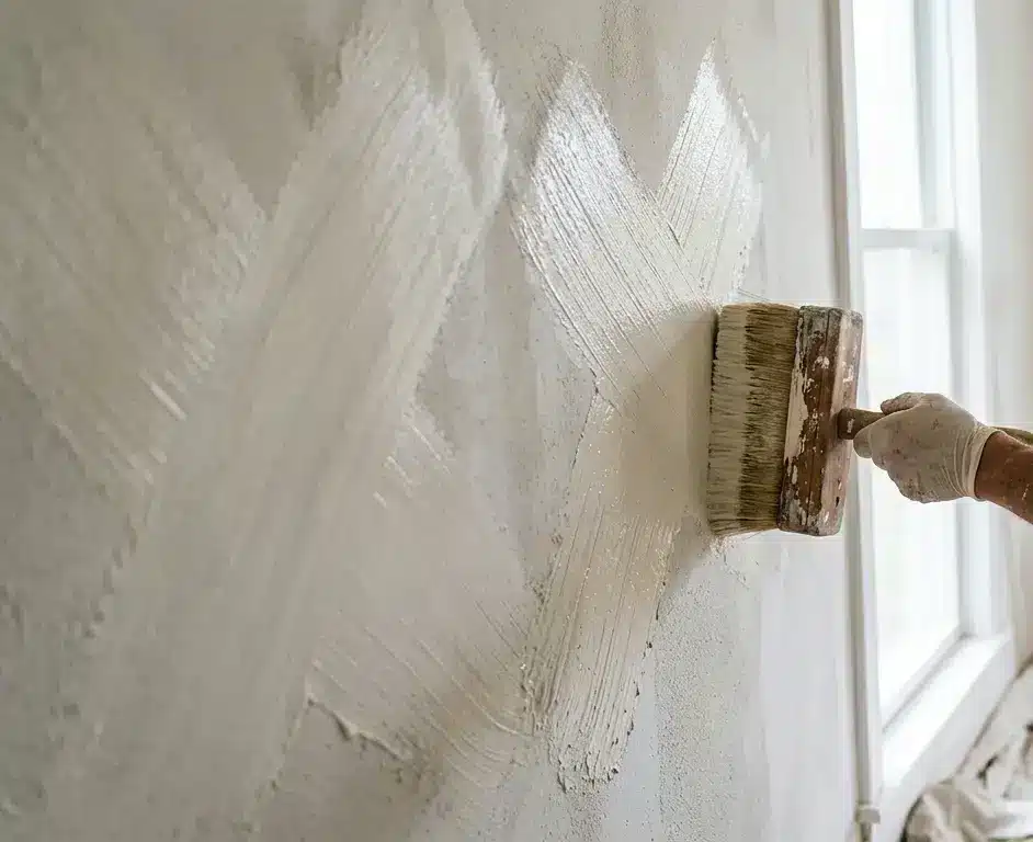 A natural-bristle block brush applying limewash paint in an X-shaped crosshatch pattern on a primed wall.