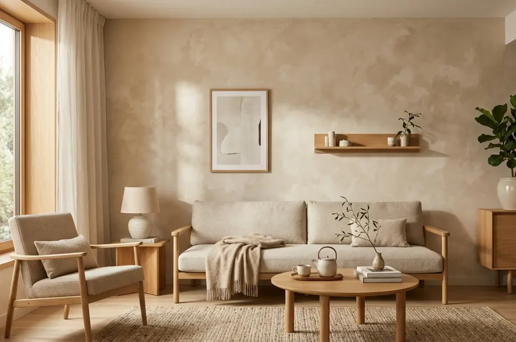 Modern Japandi living room featuring a warm beige limewashed accent wall with subtle mottled mineral depth.