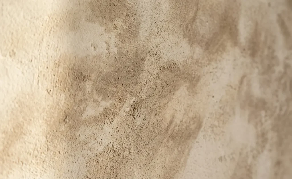 Close up of a warm beige limewashed wall surface showing a soft matte finish and natural mottled texture.