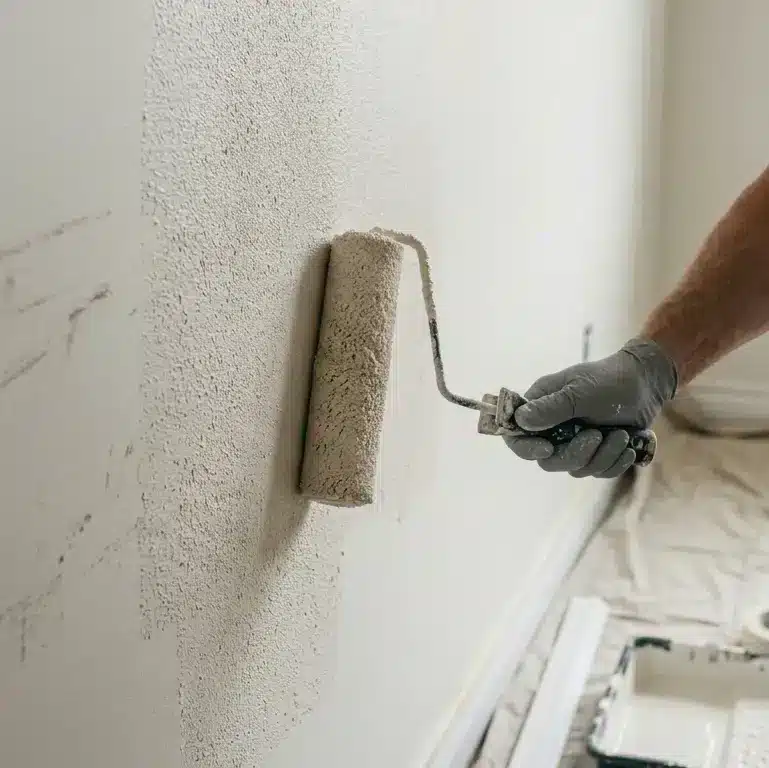 A painter applying a textured mineral bonding primer with a paint roller onto a scuffed latex wall surface.