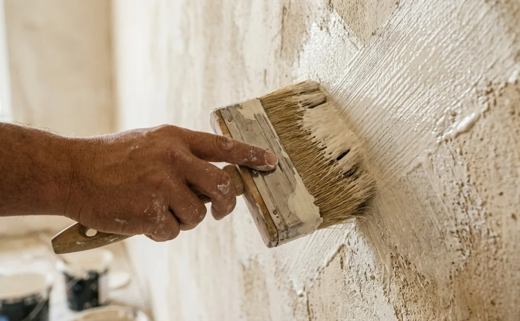 Applying limewash paint in crosshatch X strokes using a wide masonry block brush