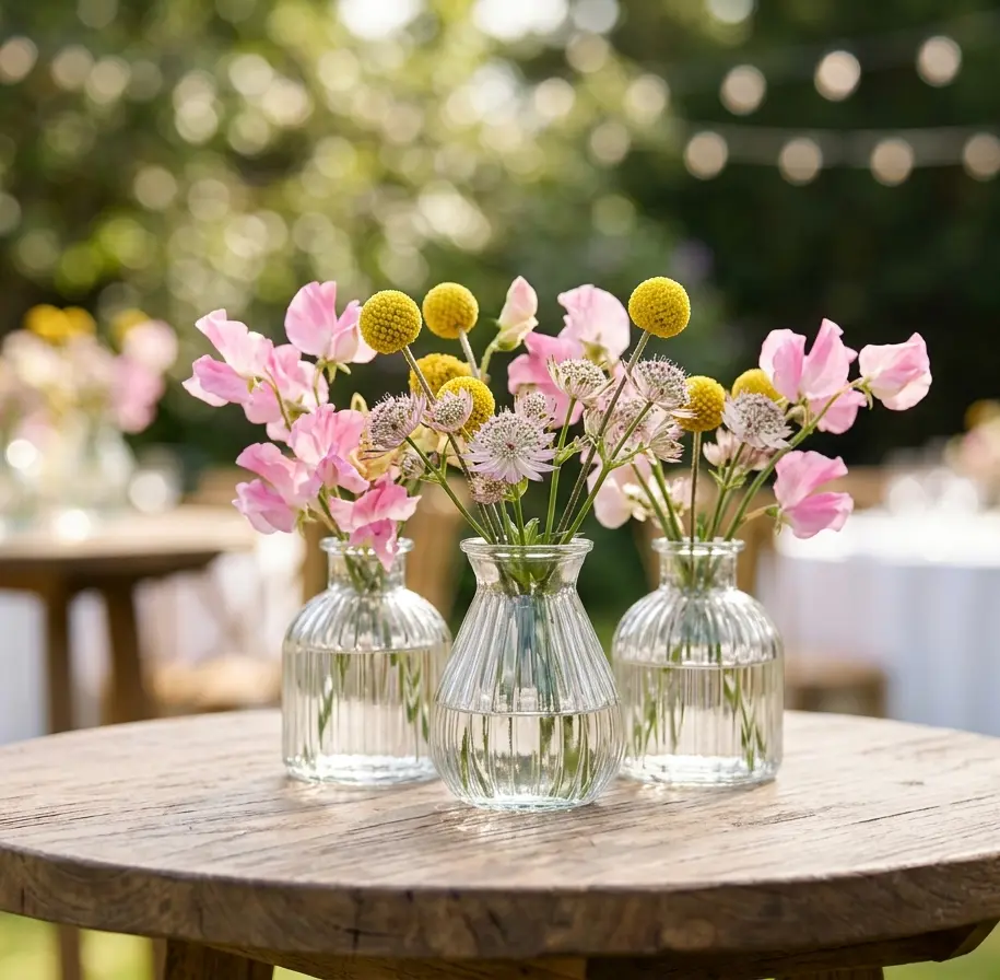 Trio of ribbed glass bud vases with pink sweet peas and yellow craspedia on an outdoor cocktail table.