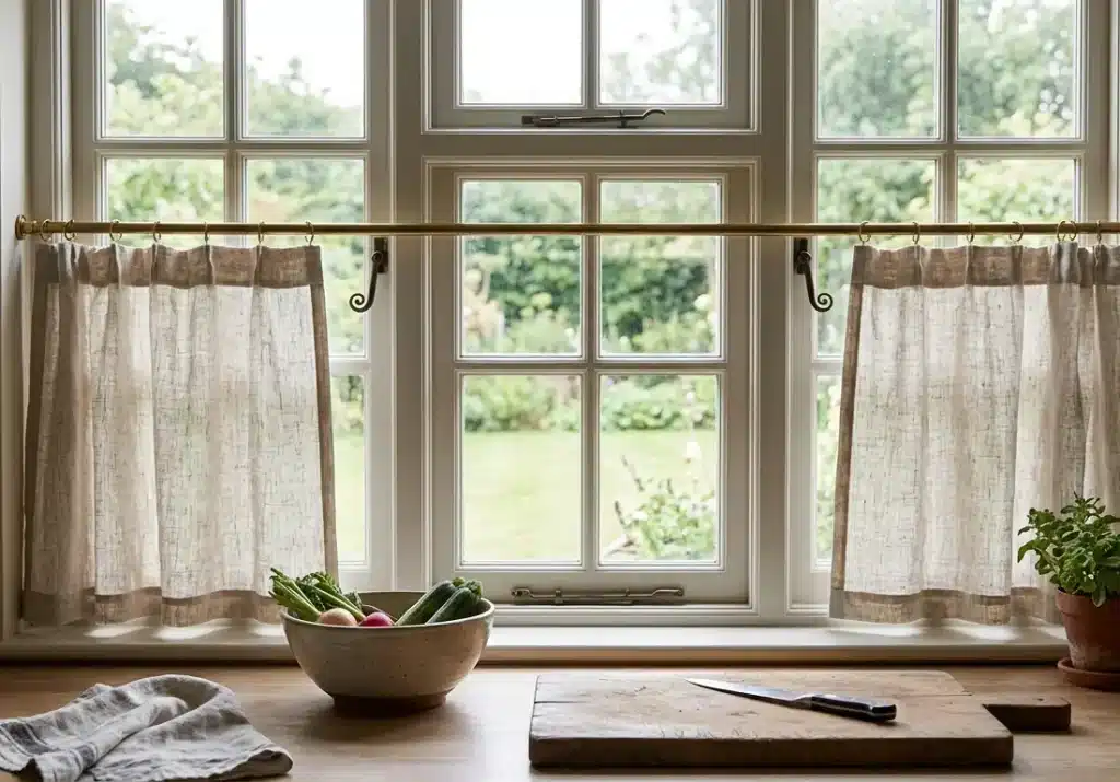 Multi-pane casement window with simple linen café curtains above a kitchen counter with stoneware and a cutting board