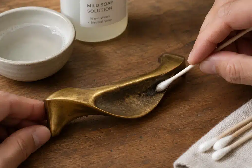 Carefully cleaning a vintage MCM brass handle using a cotton swab and mild soap to remove grime while preserving the original patina.