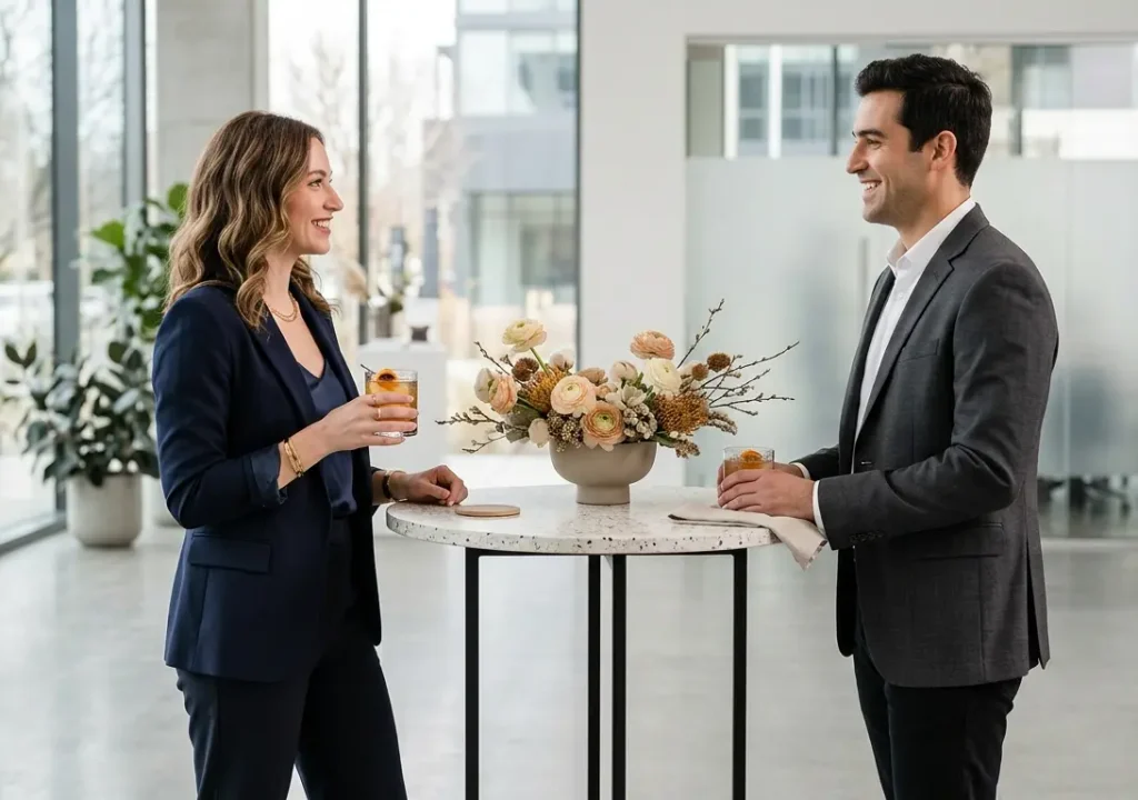 Two guests conversing over a low-profile 9-inch floral arrangement on a bar-height cocktail table with clear sightlines.