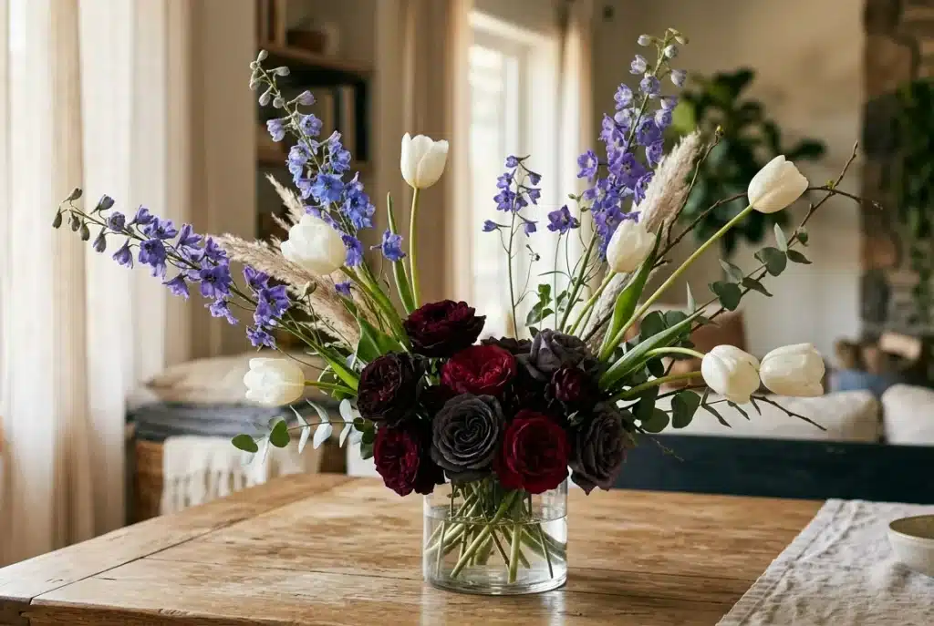 A dimensional floral arrangement using varied stem heights and negative space, featuring dark roses tucked low with tulips reaching high.