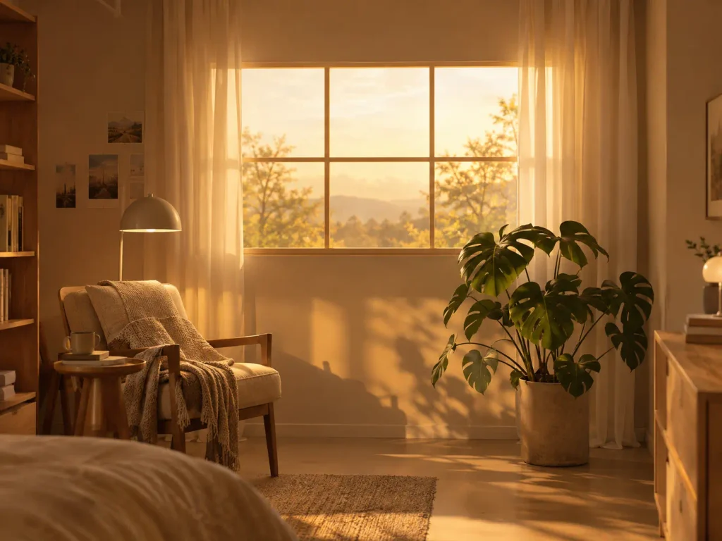 LED fake window panel glowing warm light in a windowless studio apartment