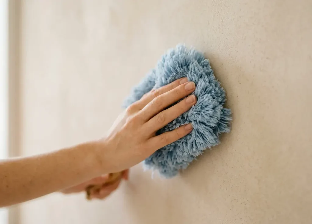 A hand gently dusting a textured limewash wall with a soft microfiber duster to prevent surface abrasion.