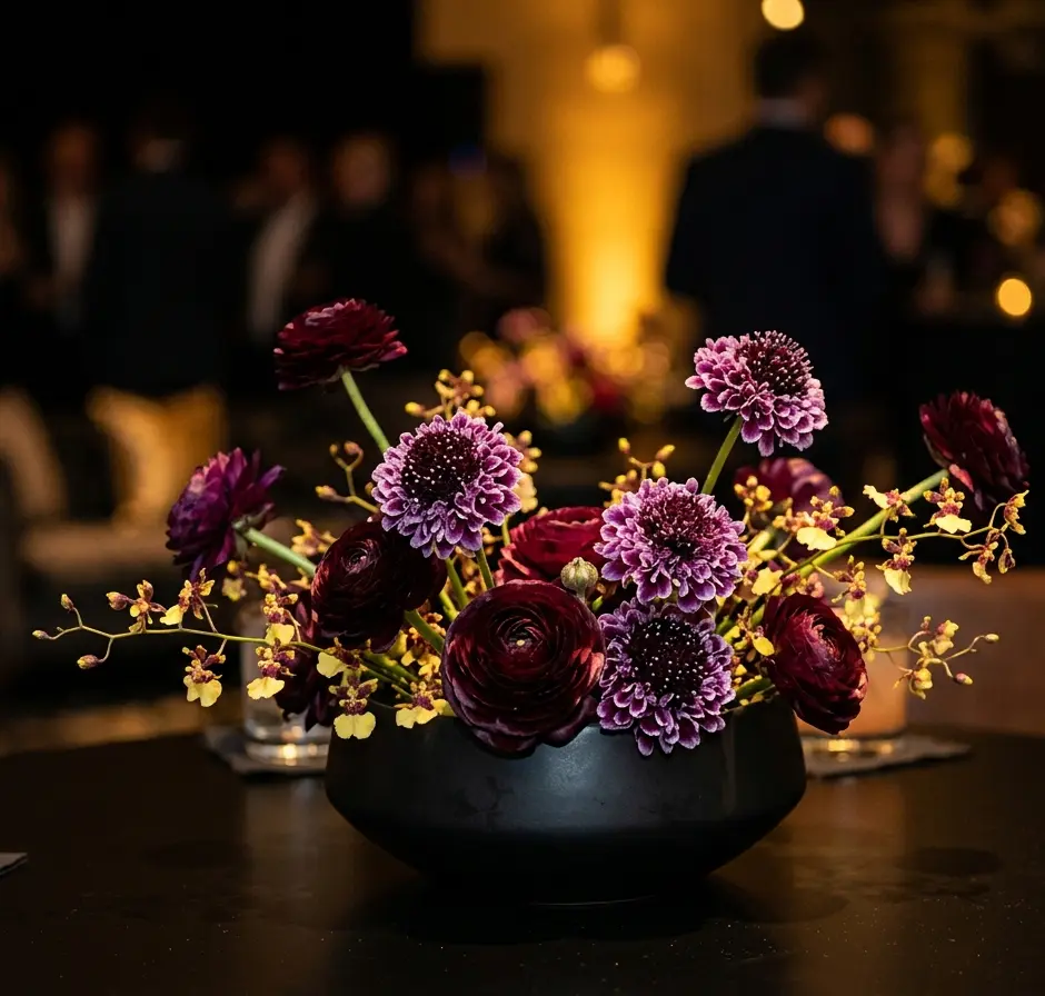 Low matte black bowl with deep burgundy ranunculus under warm event lighting on a lounge cocktail table.