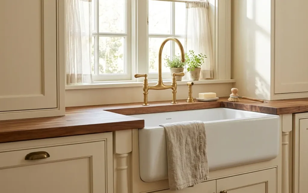 White fireclay apron-front sink in cream cabinetry with a brass bridge faucet and linen towel