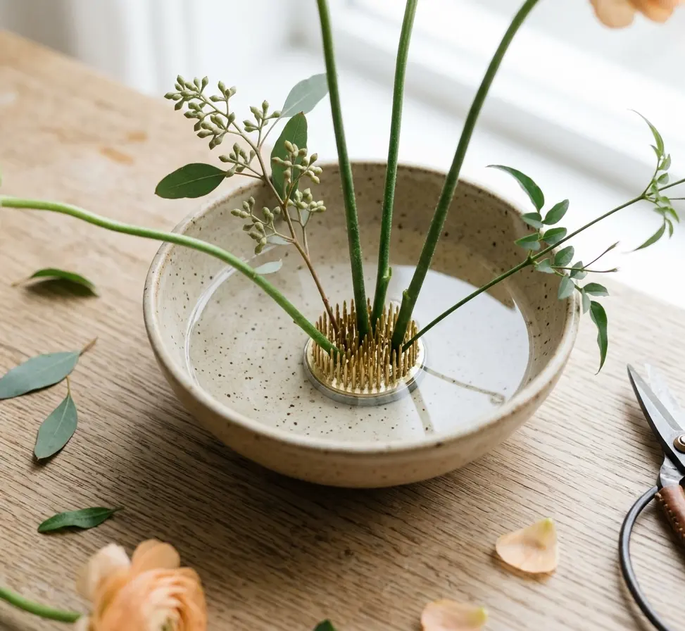Top-down view of a low ceramic bowl with a brass mini kenzan pin holder for foam-free floral design.