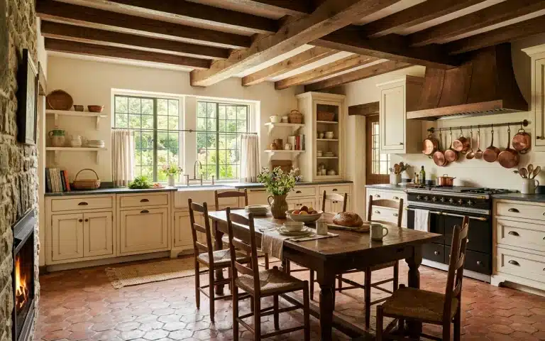 Warm French country kitchen with cream raised-panel cabinets, exposed oak beams, terracotta tile floor, and copper pots by the range