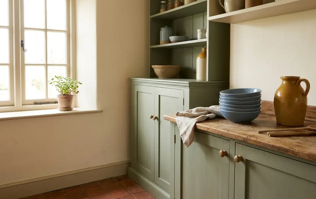 Kitchen corner with cream walls, sage green cabinet, dusty blue bowls, and an ochre stoneware jug on a wooden counter