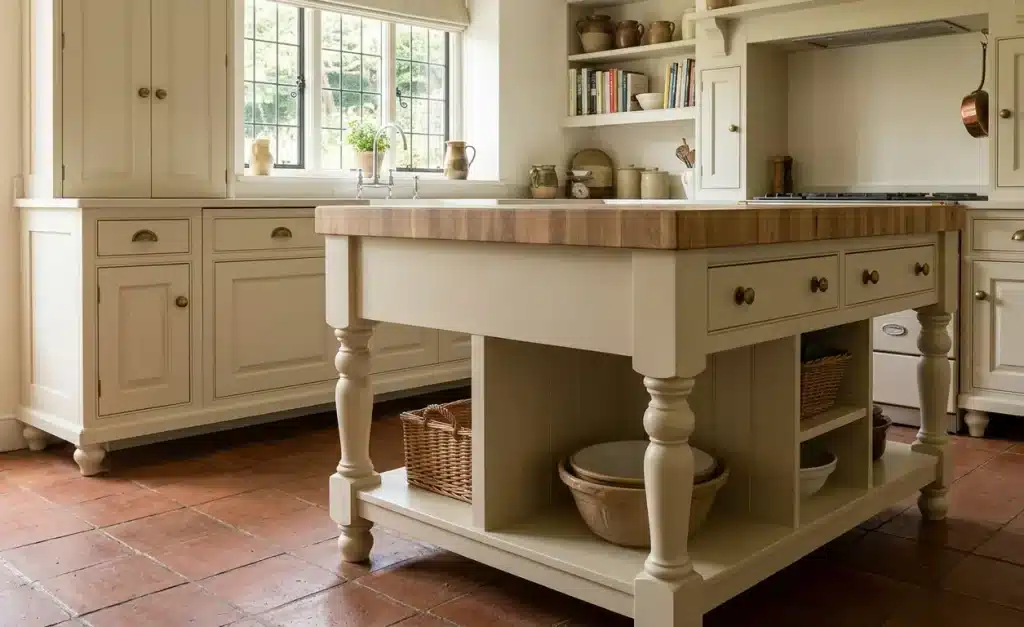 Kitchen island with turned legs and butcher block top in front of cream raised-panel cabinets with aged brass knobs