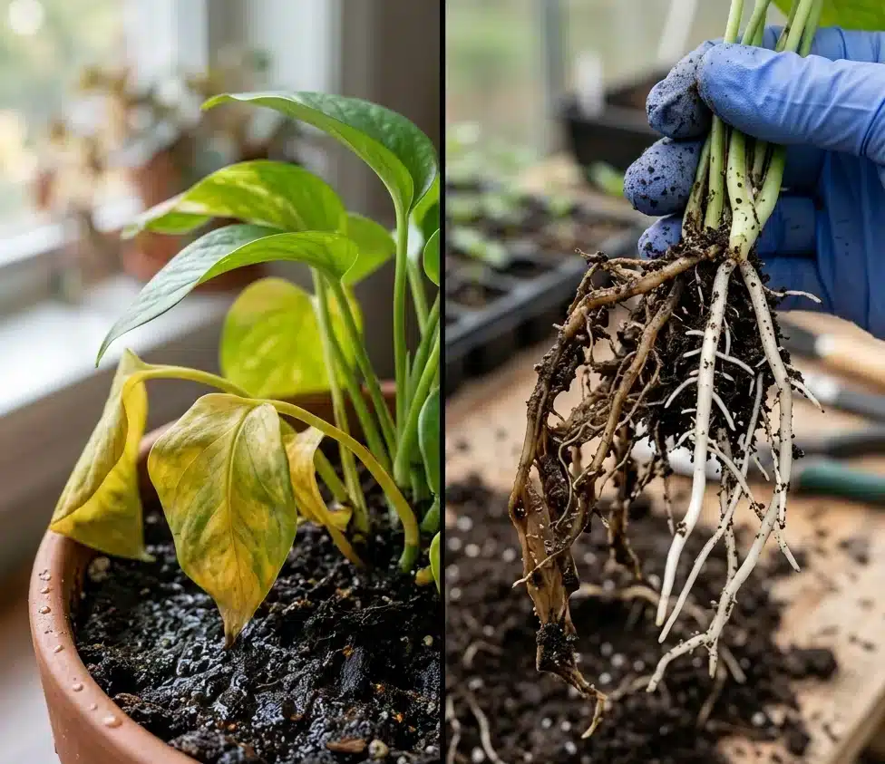Macro shot comparing dark mushy rotten roots with healthy firm white plant roots