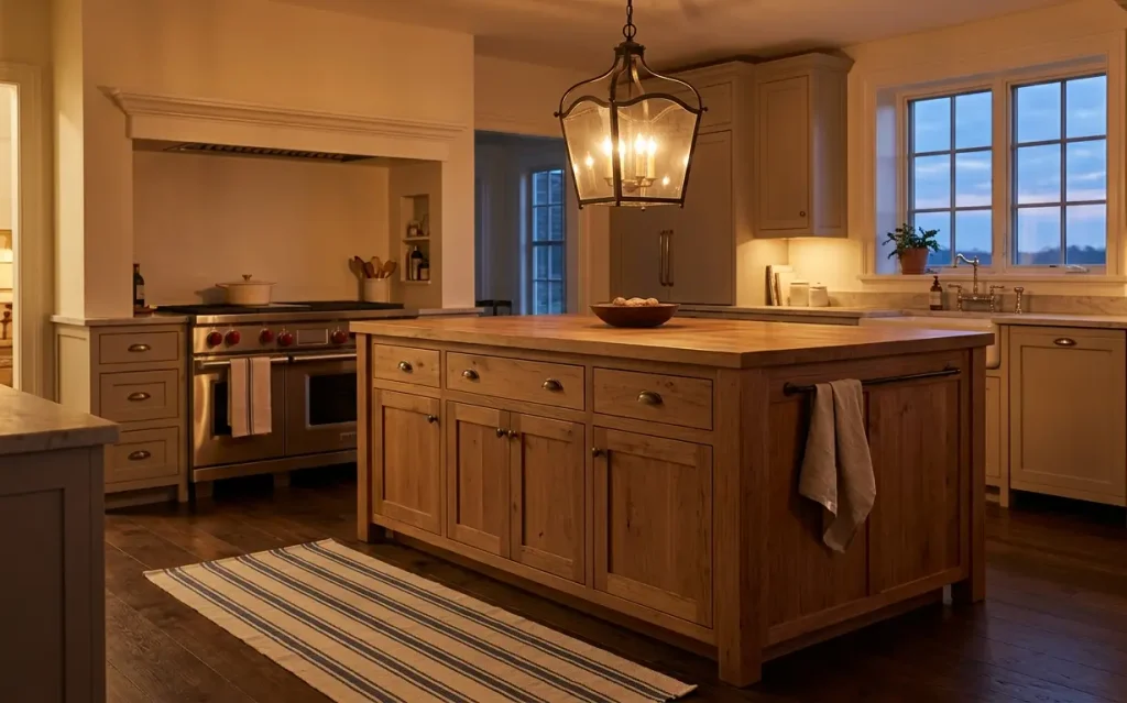 Wrought-iron lantern pendant over a wooden island with a striped linen runner and towel