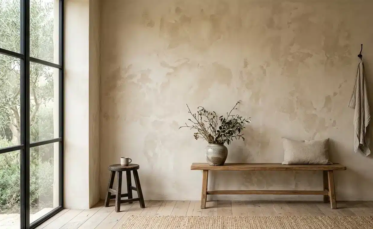 A sunlit minimalist room showing a soft beige mottled limewash painted wall