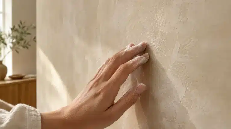 A hand touching a beige limewash wall with white powdery chalking residue on fingertips