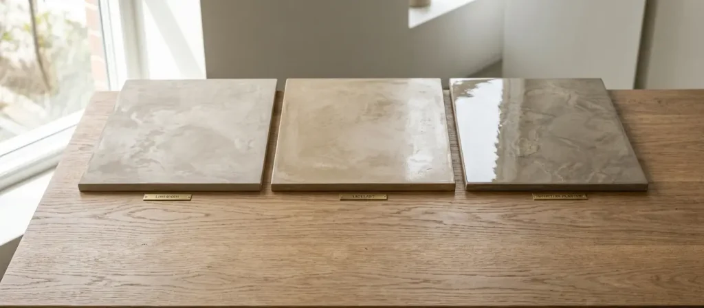 Side-by-side comparison of three lime wall finishes: soft matte limewash, organic low-gloss Tadelakt, and highly polished Venetian plaster sample boards