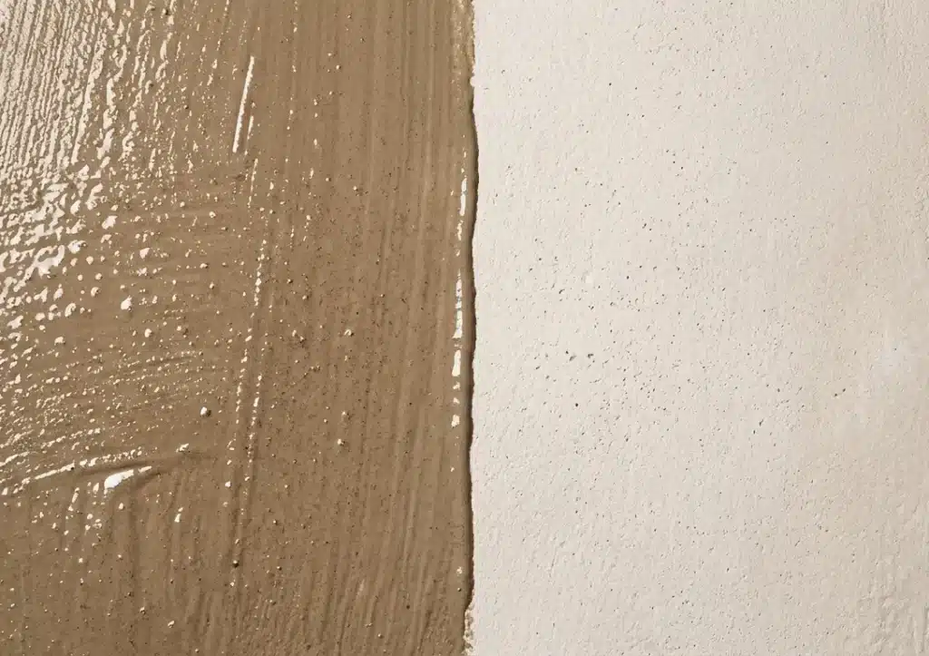 Comparison of wet versus dry limewash paint showing the shift in tone depth after carbonation