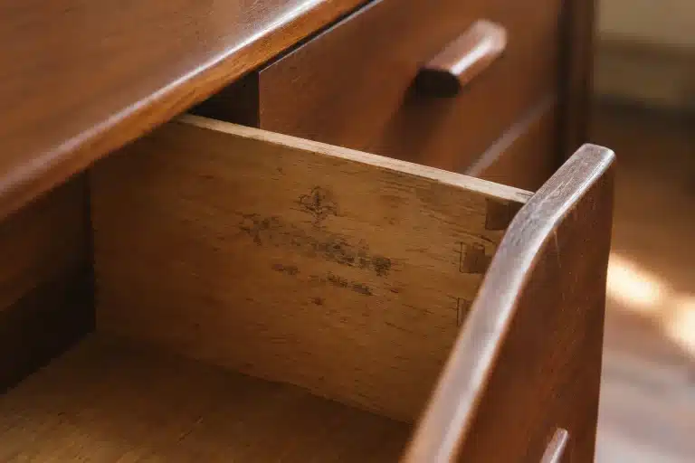 Close-up of a faded maker's mark and dovetail joint inside a vintage mid-century modern dresser drawer