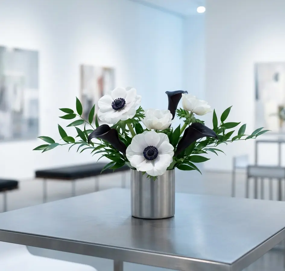 Modern low-profile centerpiece featuring white anemones and black calla lilies in a matte steel cylinder vase.
