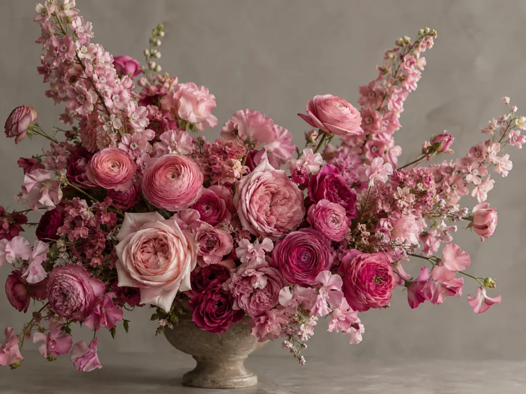 A elegant pink monochromatic floral arrangement bouquet featuring various shades of pink flowers with diverse textures.