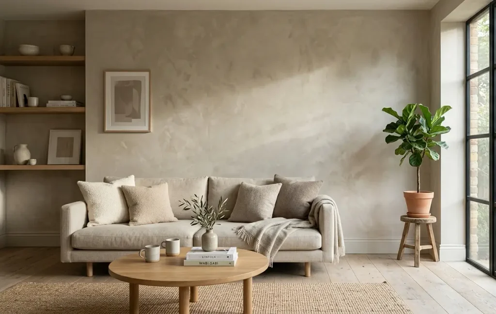 A minimalist living room with a warm greige limewash wall showing a soft, mottled matte texture under natural light.